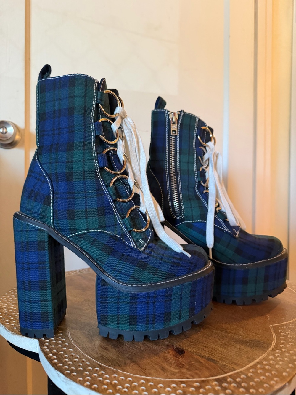 Dolls Kill Current Mood Sikk Nancy Tartan Plaid Platform Ankle O-Ring Boots